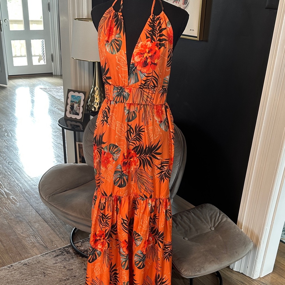 SHEIN Vibrant Orange Floral Maxi Dress resort tropical M